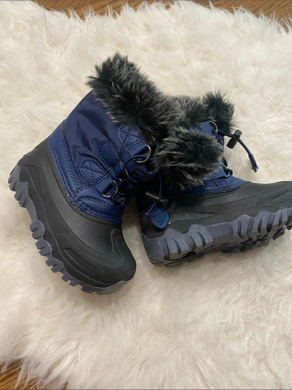 Kids Waterproof Snow Boots with Faux Fur Trim - Navy